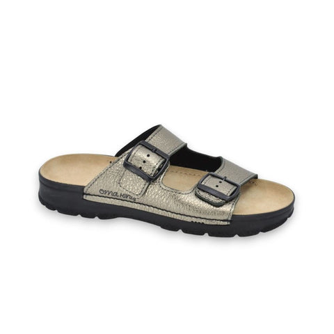 1. Women's metallic leather sandals by OmaKing with adjustable buckle straps, shown in side view