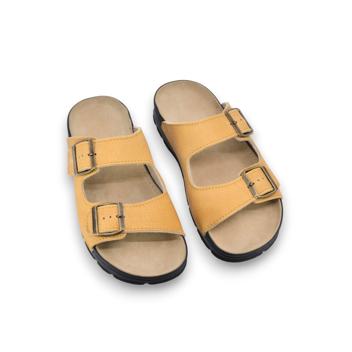 2. Pair of Omaking Meeliku leather sandals in New Yellow, top view showing adjustable buckle straps