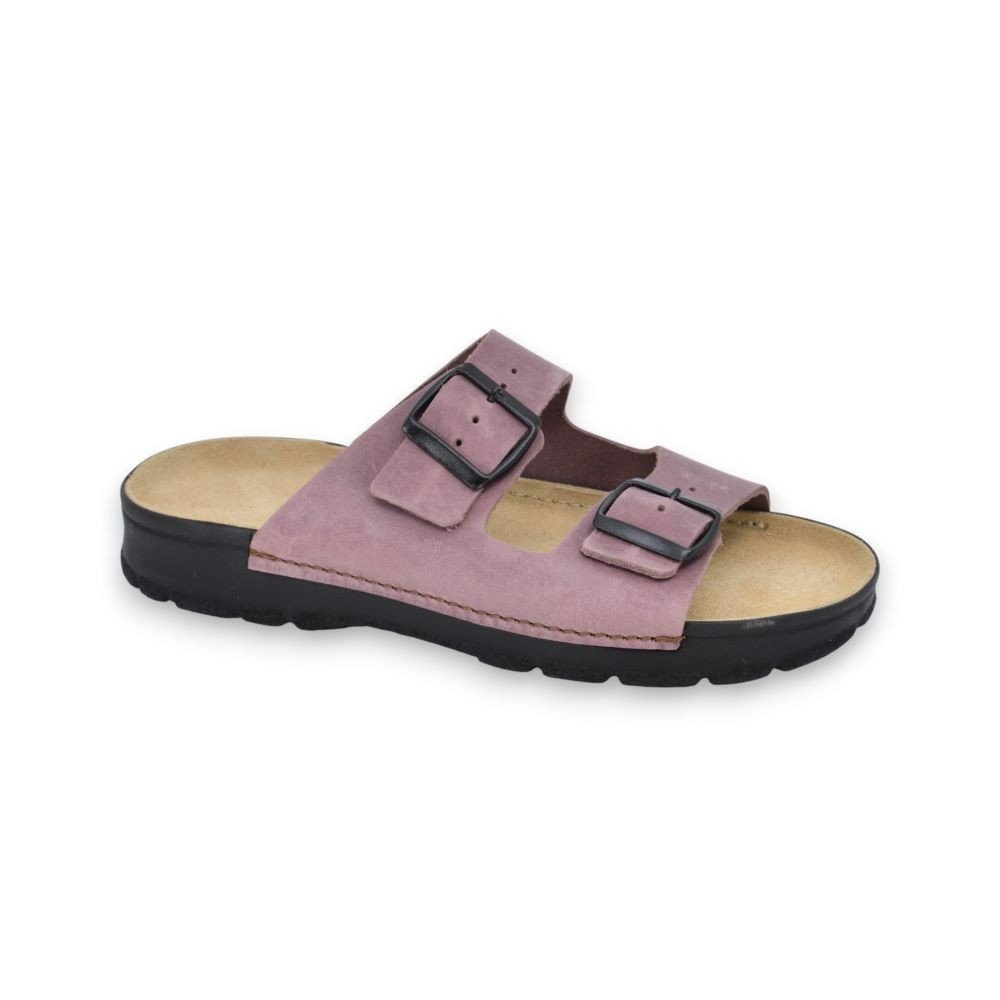 1. Women's Meeliku leather sandals in dust pink with adjustable buckle straps, shown in side view