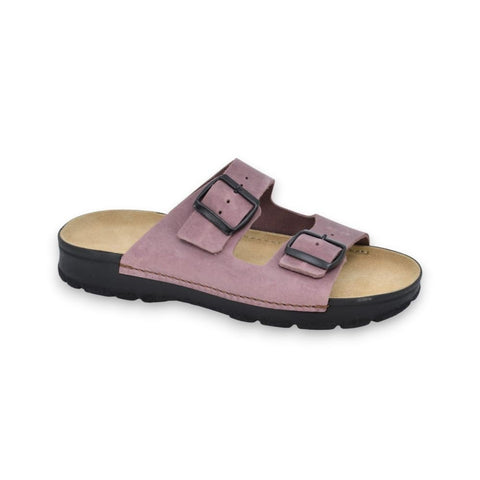 1. Women's Meeliku leather sandals in dust pink with adjustable buckle straps, shown in side view