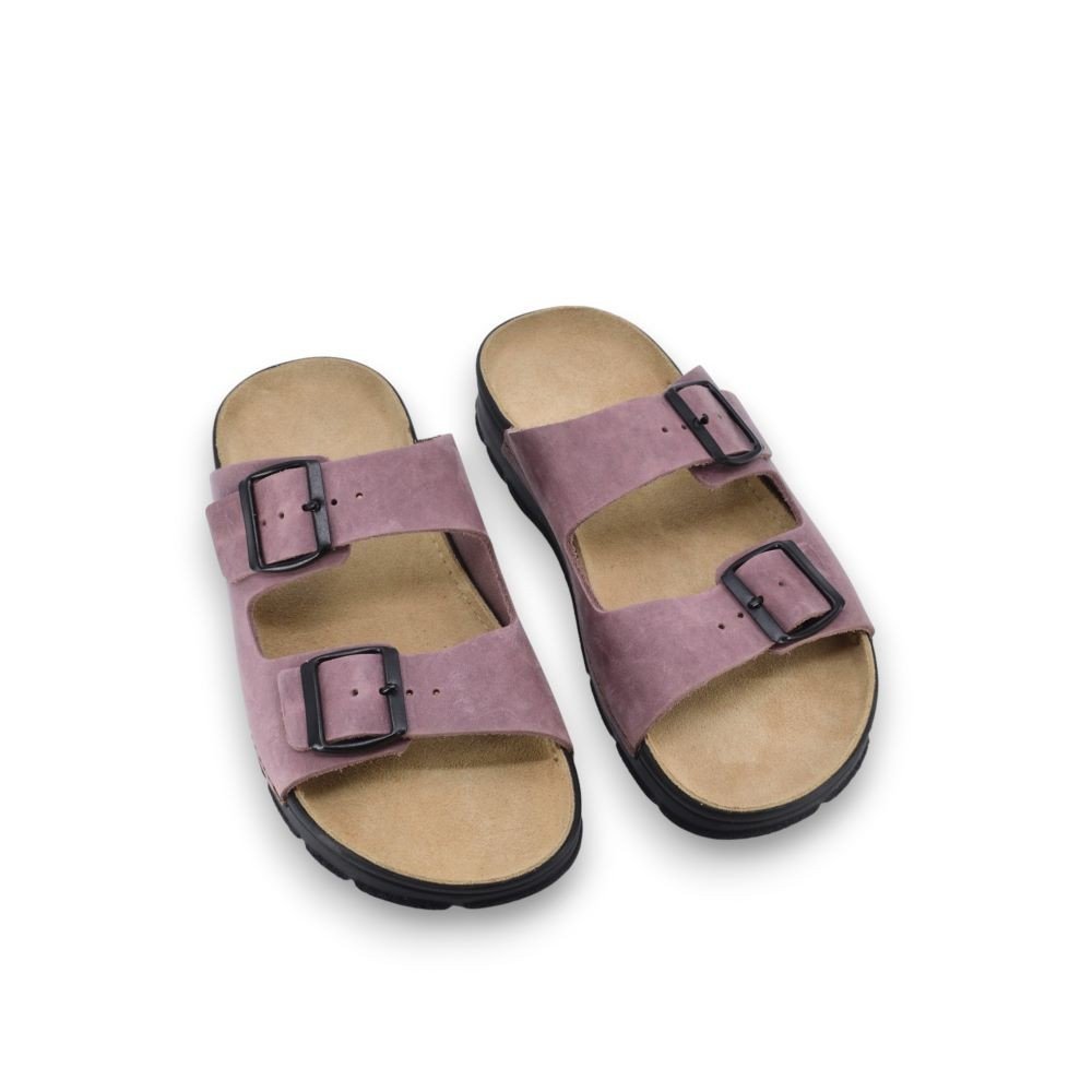 2. Pair of Meeliku women's leather sandals in dust pink with dual adjustable buckles, studio shot