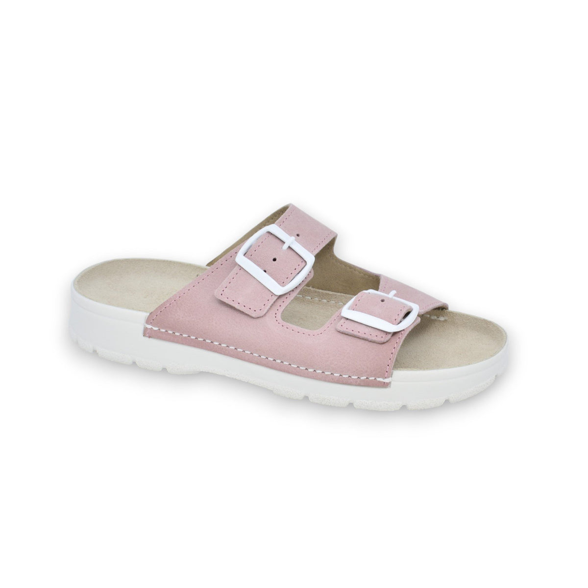 1. Women's Meeliku leather sandal in pink and white with adjustable buckle straps, shown in studio