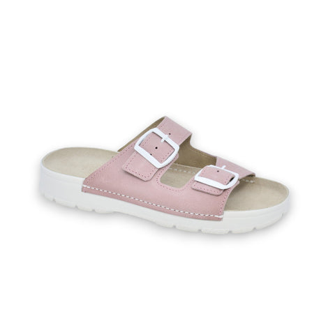 1. Women's Meeliku leather sandal in pink and white with adjustable buckle straps, shown in studio