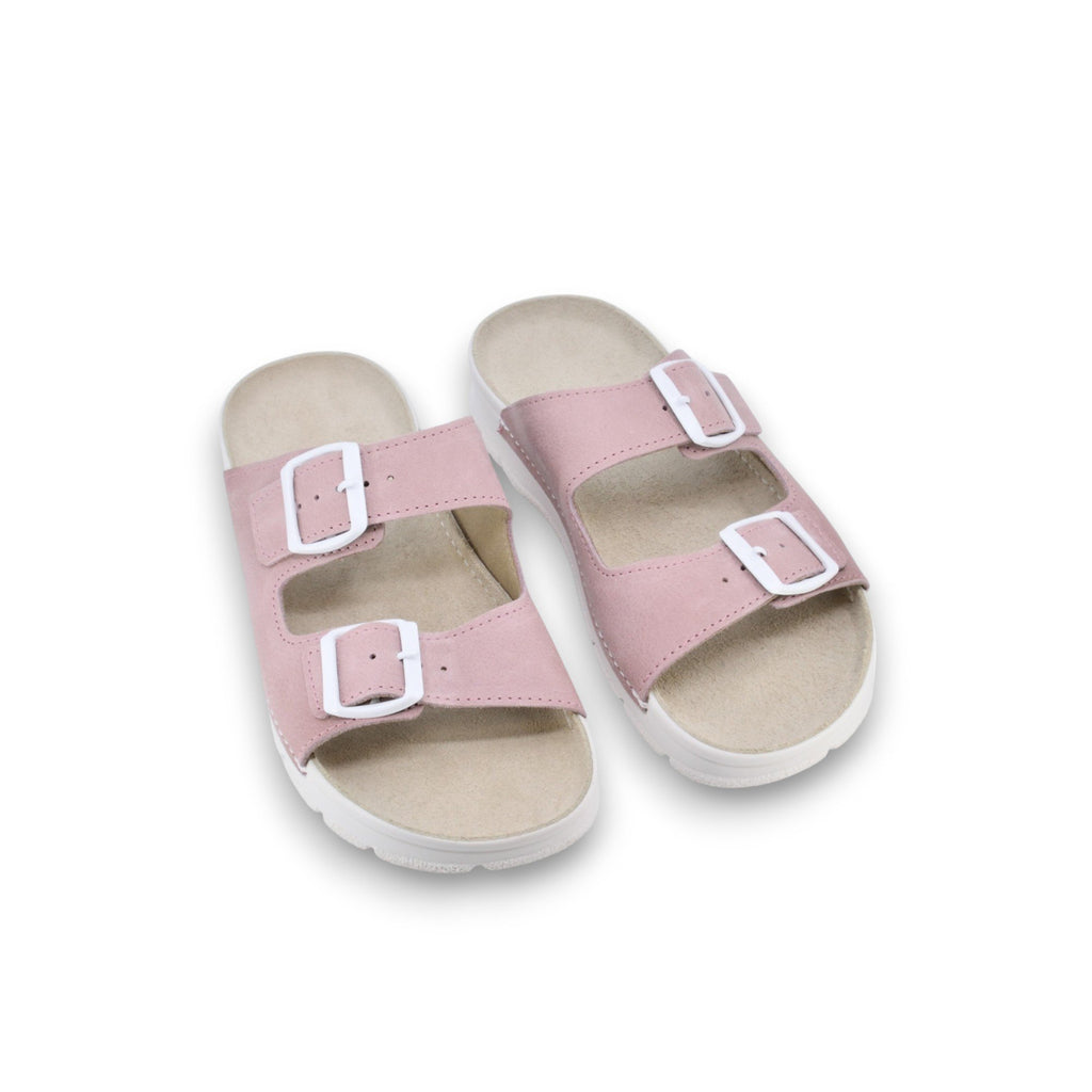 2. Pair of women's Meeliku leather sandals in pink and white, featuring adjustable buckle straps, studio setting