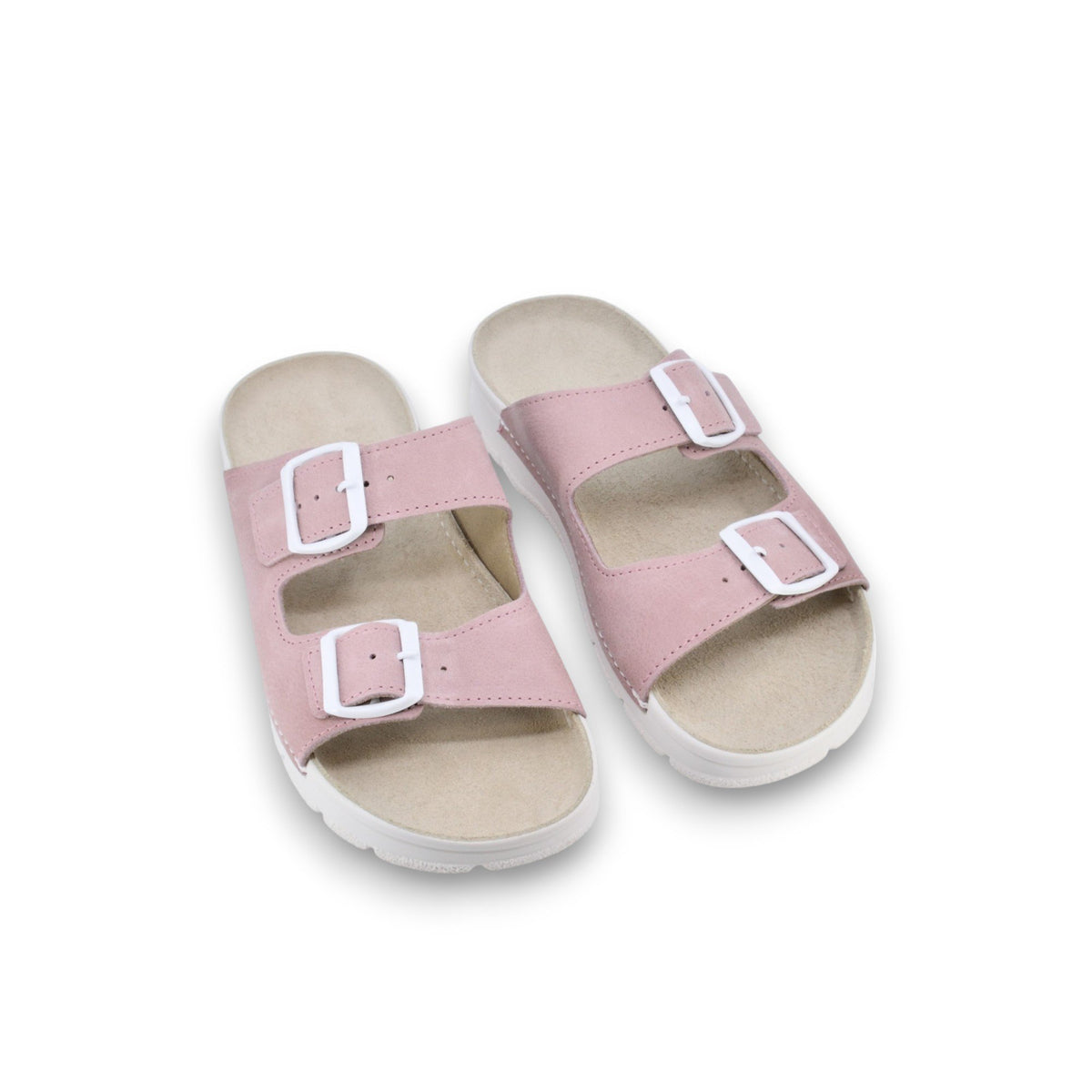 2. Pair of women's Meeliku leather sandals in pink and white, featuring adjustable buckle straps, studio setting