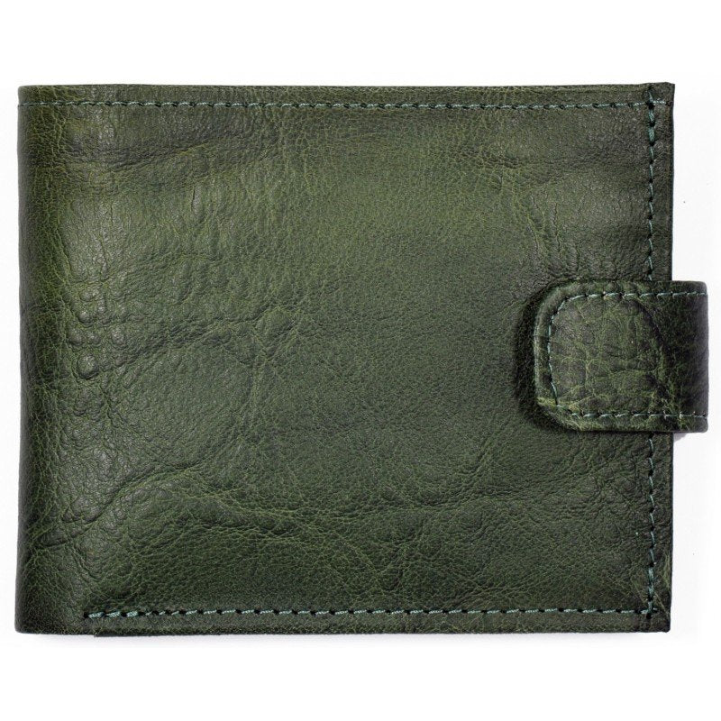 5. Studio shot of closed green leather wallet by Papillon, showing texture and clasp detail
