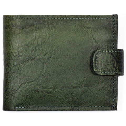 5. Studio shot of closed green leather wallet by Papillon, showing texture and clasp detail