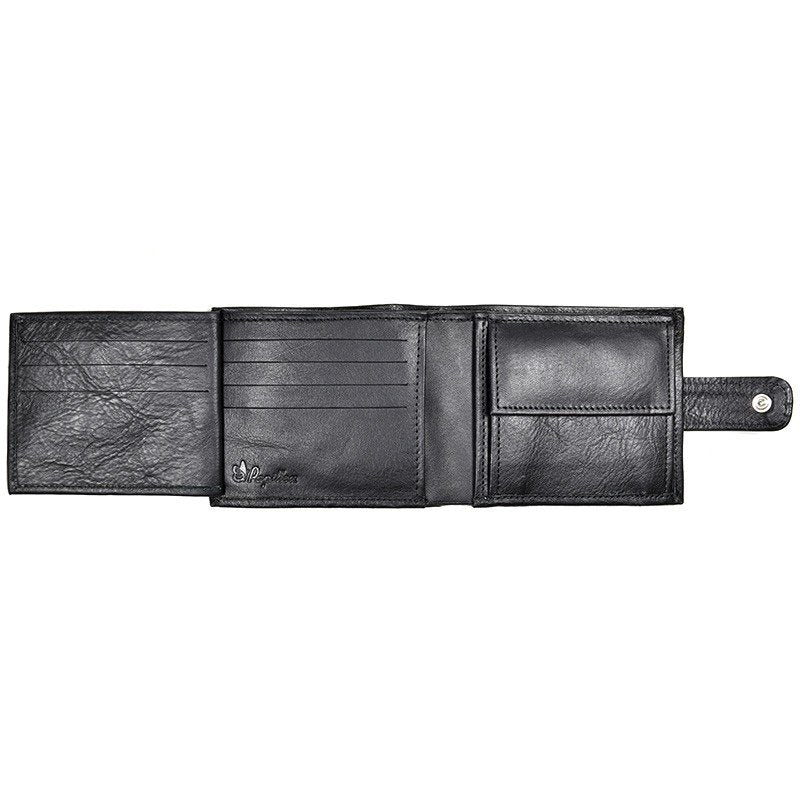 1. Men's black leather wallet by Papillon, open to show card slots and coin pocket, studio shot