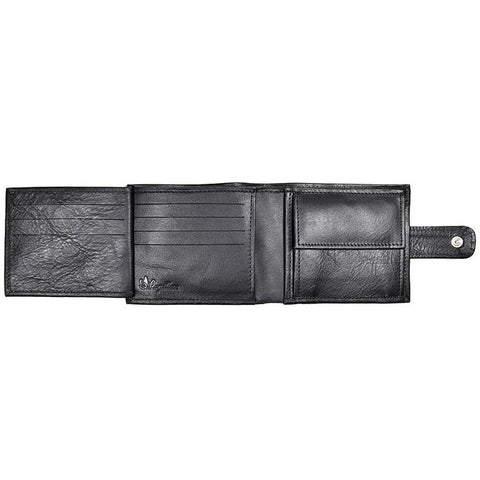 1. Men's black leather wallet by Papillon, open to show card slots and coin pocket, studio shot