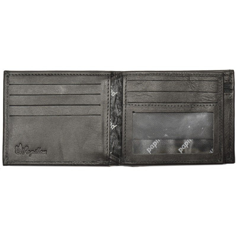 4. Men's Papillon leather wallet in black, open view with Papillon branding and clear ID pocket