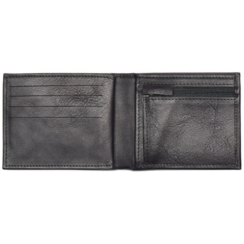 1. Men's Papillon leather wallet in black, open to show card slots and zippered coin pocket