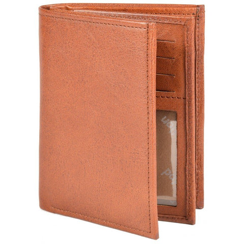 1. Men's Papillon leather wallet in tan, showing card slots and clear ID pocket