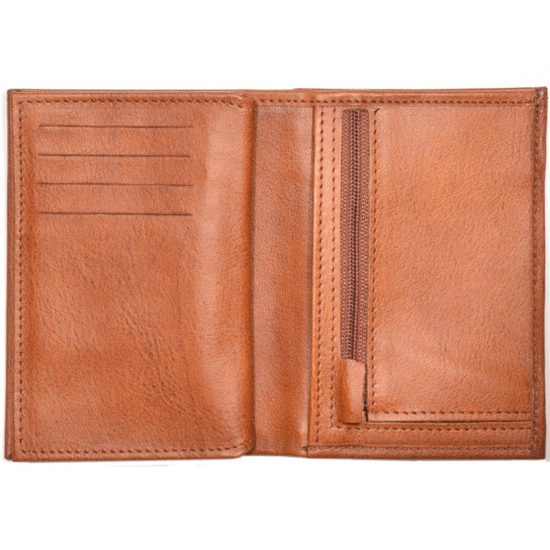 3. Inside view of men's Papillon leather wallet in tan, highlighting card slots and zippered coin pocket