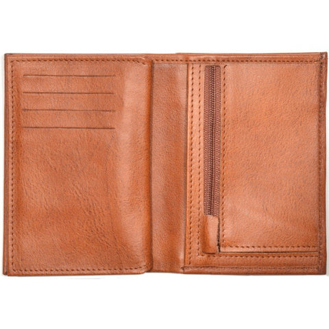 3. Inside view of men's Papillon leather wallet in tan, highlighting card slots and zippered coin pocket