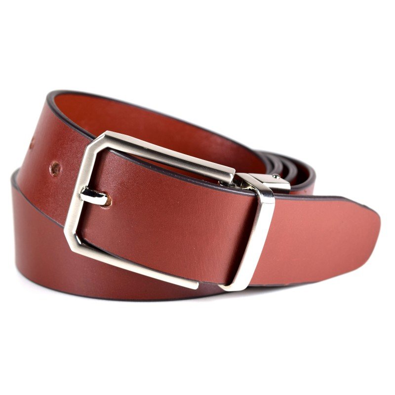 3. Men's cognac leather belt by Papillon with brushed nickel buckle, studio shot