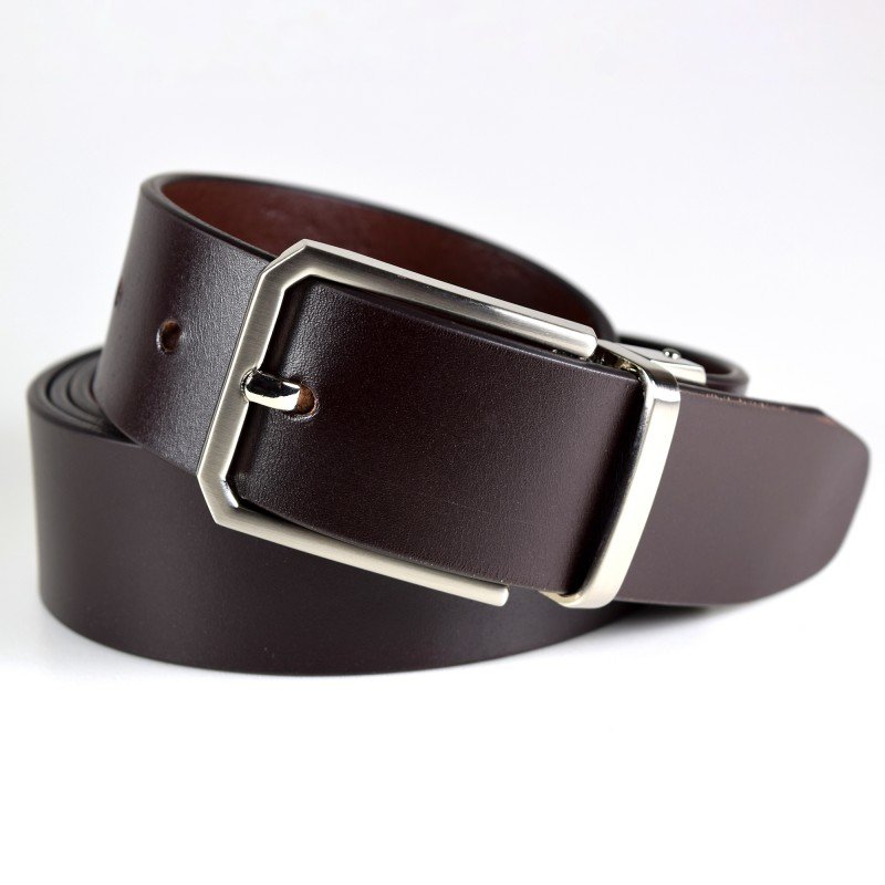 1. Men's dark brown leather belt by Papillon with brushed nickel buckle, studio shot