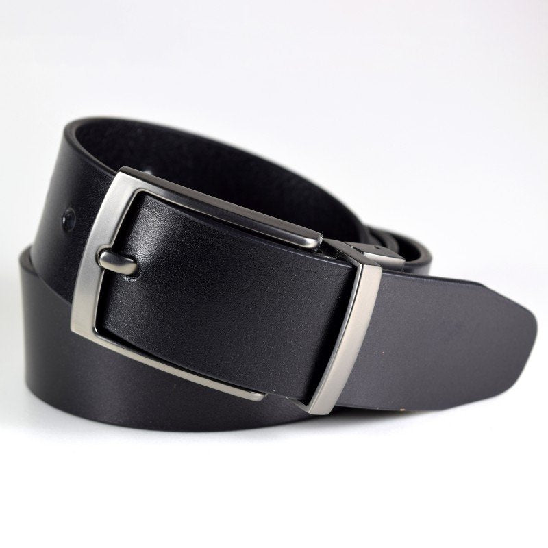 1. Men's black leather belt by Papillon with brushed black nickel buckle, studio shot