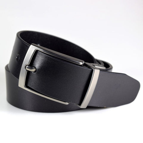 1. Men's black leather belt by Papillon with brushed black nickel buckle, studio shot