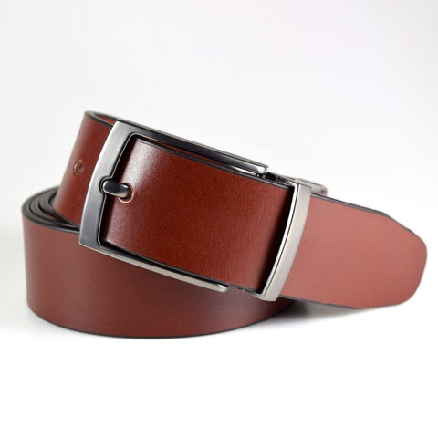 2. Men's cognac leather belt by Papillon featuring brushed black nickel buckle, studio shot