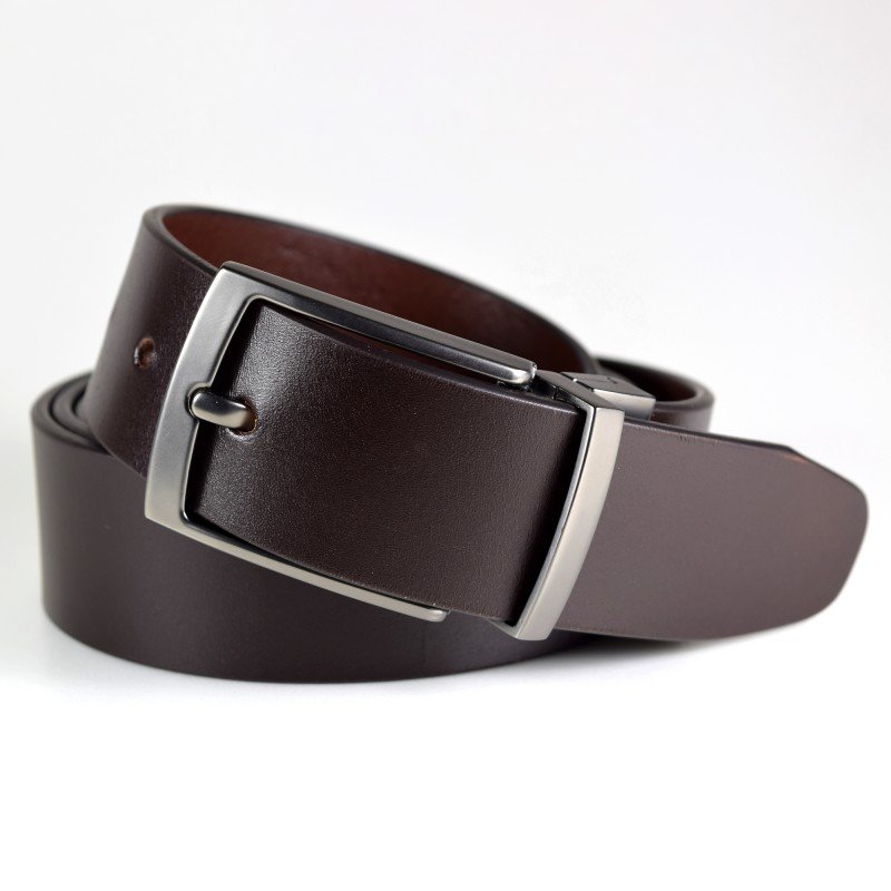 3. Men's dark brown leather belt by Papillon with stylish brushed black nickel buckle, studio shot