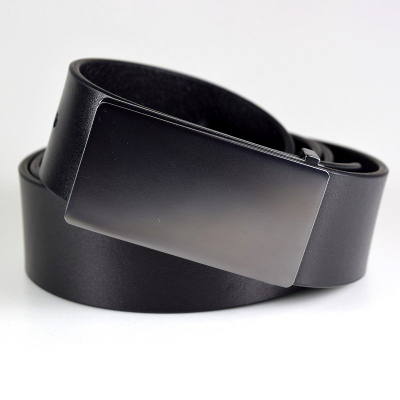 1. Men's black leather belt by Papillon with brushed black nickel buckle, shown in studio setting