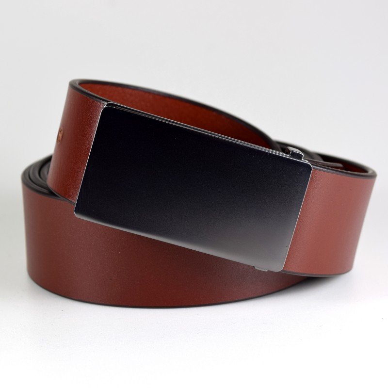 3. Men's cognac leather belt by Papillon with stylish brushed black nickel buckle, studio image