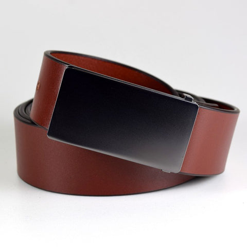 3. Men's cognac leather belt by Papillon with stylish brushed black nickel buckle, studio image