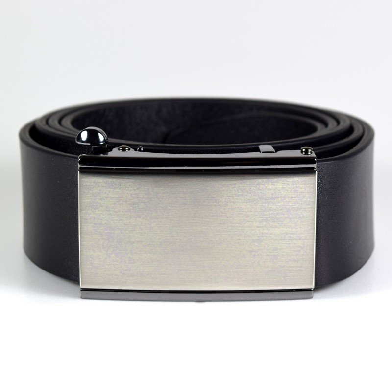 3. Men's black leather belt by Papillon with stylish brushed nickel ratchet buckle, studio shot