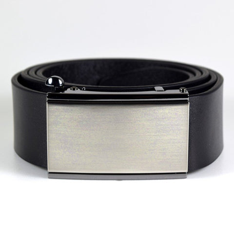3. Men's black leather belt by Papillon with stylish brushed nickel ratchet buckle, studio shot