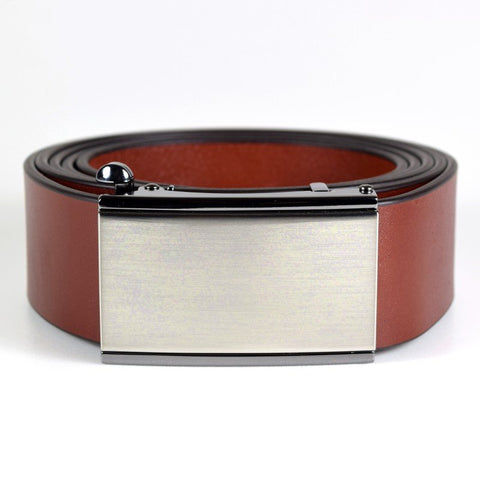 2. Men's cognac leather belt by Papillon featuring sleek brushed nickel ratchet buckle, studio shot