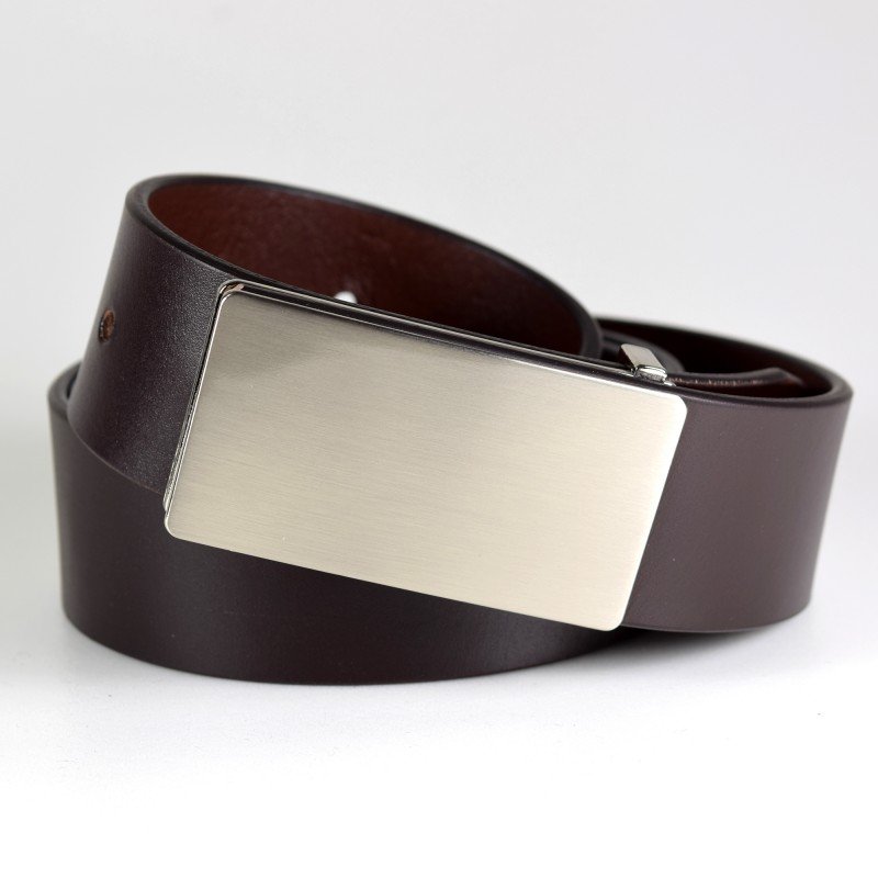 1. Men's dark brown leather belt by Papillon with brushed nickel buckle, studio shot