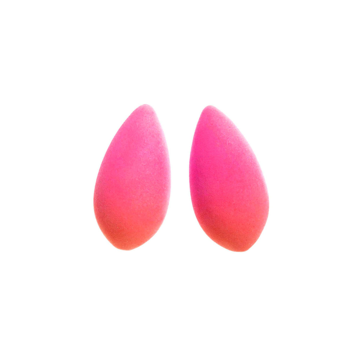 2. Pair of pink teardrop-shaped Mega Pitayaberries earrings with velvety cosmic dust coating on white background