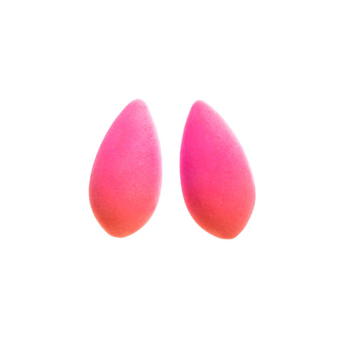 2. Pair of pink teardrop-shaped Mega Pitayaberries earrings with velvety cosmic dust coating on white background