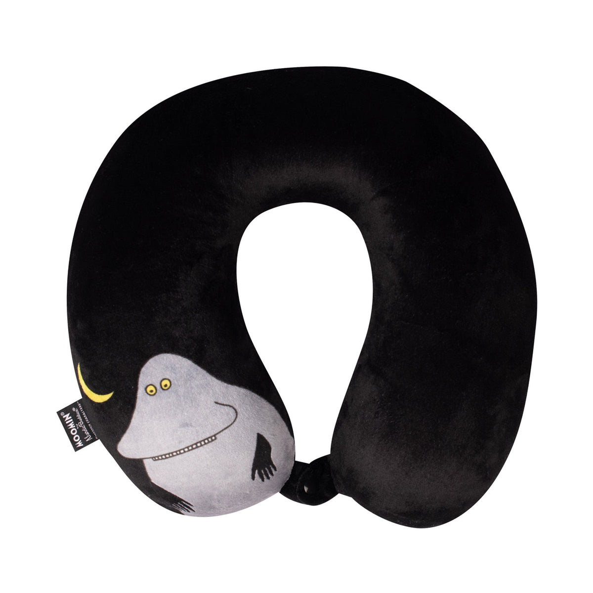 1. Black memory foam travel neck pillow with Moomin character print and crescent moon, featuring soft cover by NordicBuddies