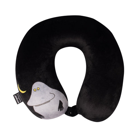 1. Black memory foam travel neck pillow with Moomin character print and crescent moon, featuring soft cover by NordicBuddies