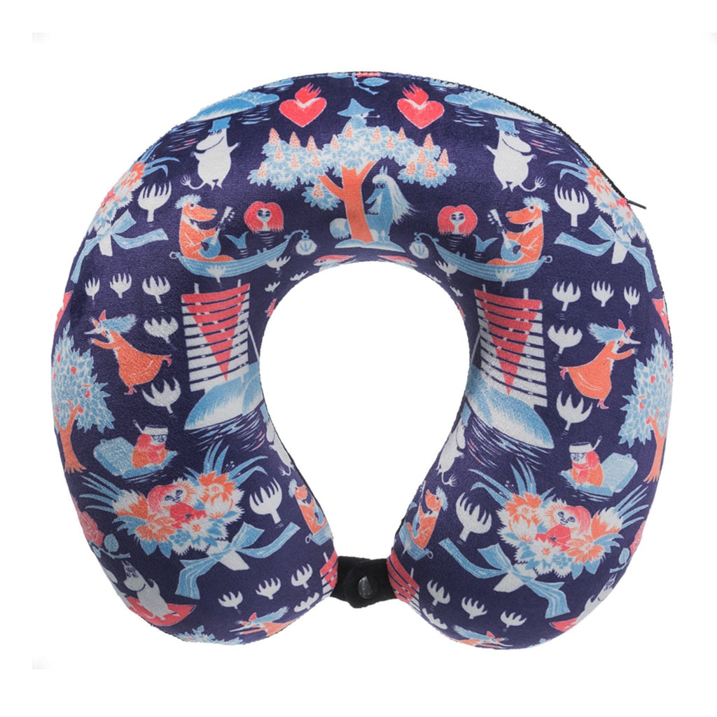 1. Violet memory foam travel neck pillow with colorful Moomin Tove print featuring characters and nature motifs