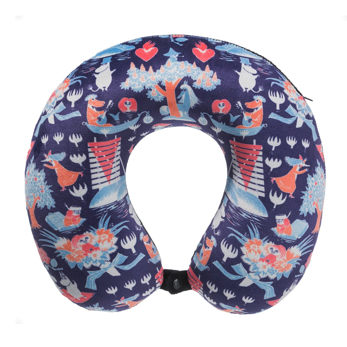 1. Violet memory foam travel neck pillow with colorful Moomin Tove print featuring characters and nature motifs