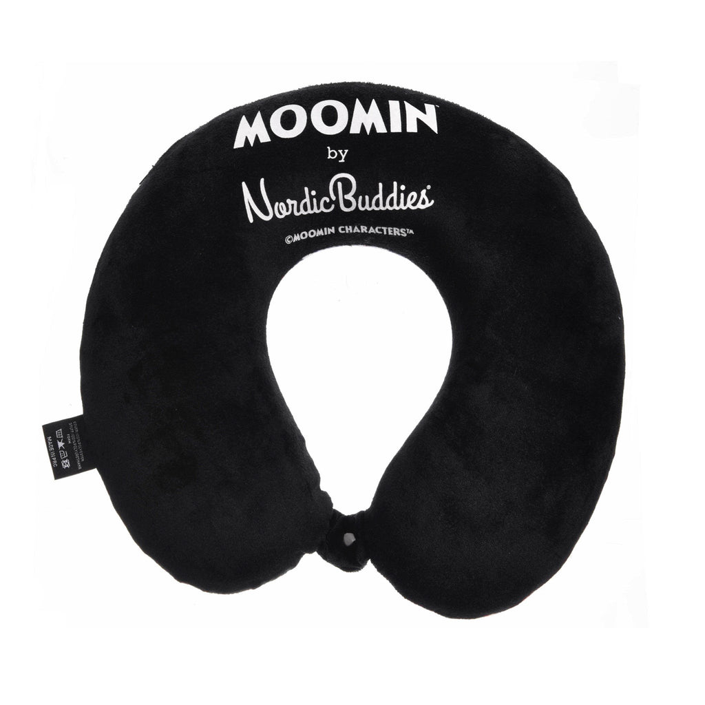 2. Black memory foam travel neck pillow with white Moomin by NordicBuddies logo on soft cover