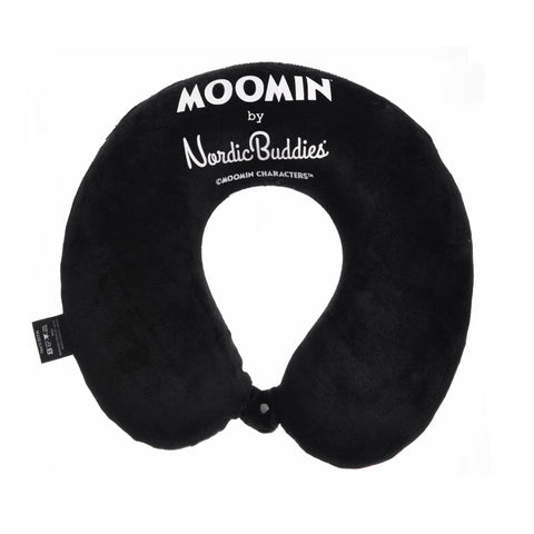 2. Black memory foam travel neck pillow with white Moomin by NordicBuddies logo on soft cover