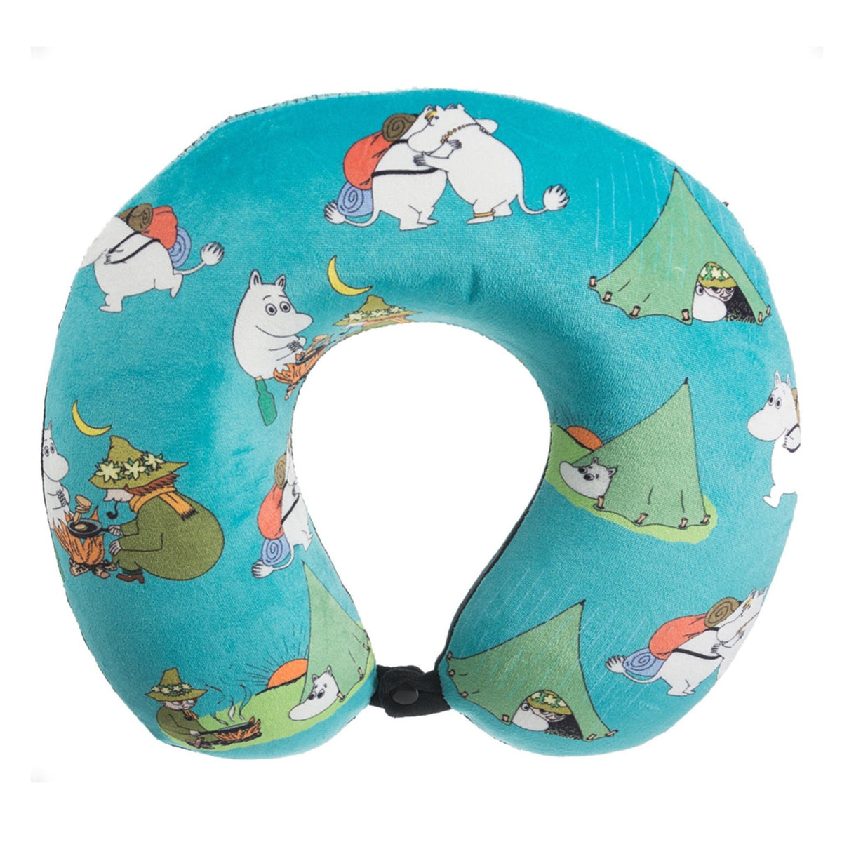 1. Petrol and multicolor memory foam travel neck pillow featuring Moomin characters camping, with a super soft cover by NordicBuddies