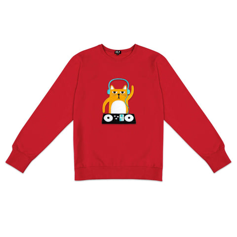 2. Men's DJ Cat Sweatshirt in vibrant red by HILP, showcasing fun cat graphic with headphones and DJ equipment, regular fit, studio setting