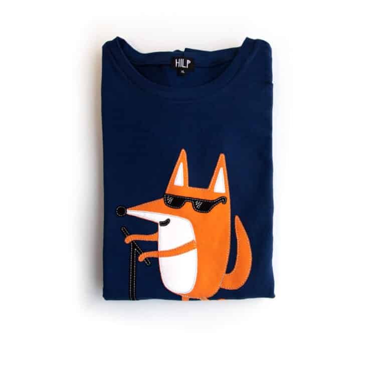 4. Folded Men's Scootering Fox Sweatshirt in navy blue, showing fox graphic