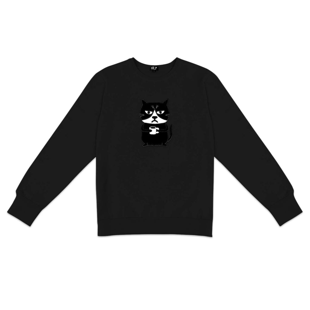 3. Men's black Grumpy Cat sweatshirt by HILP, with fun cat illustration, studio image