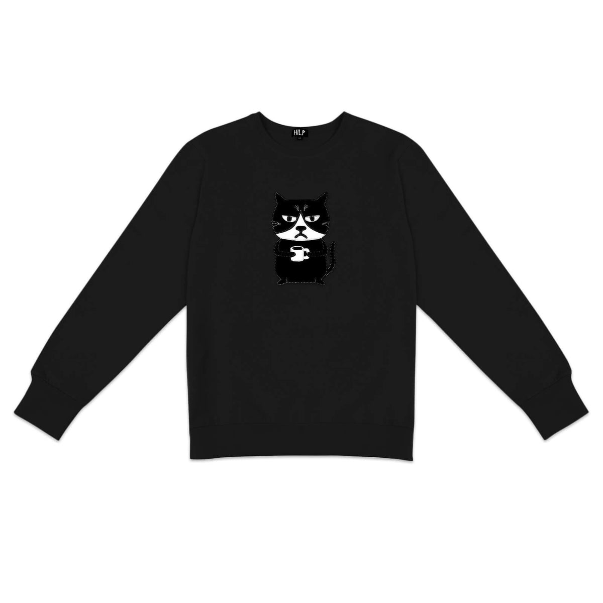 3. Men's black Grumpy Cat sweatshirt by HILP, with fun cat illustration, studio image