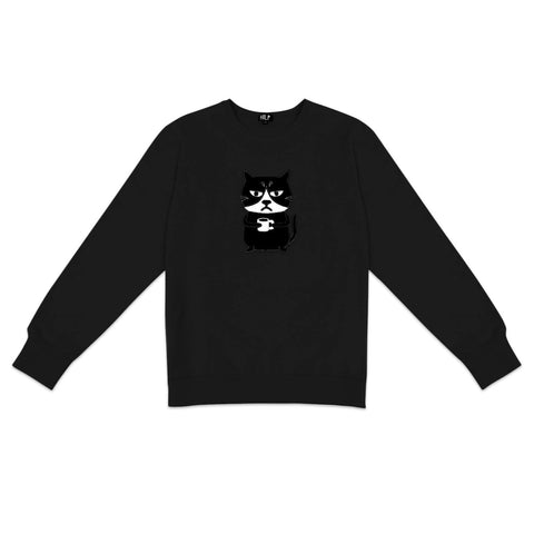 3. Men's black Grumpy Cat sweatshirt by HILP, with fun cat illustration, studio image