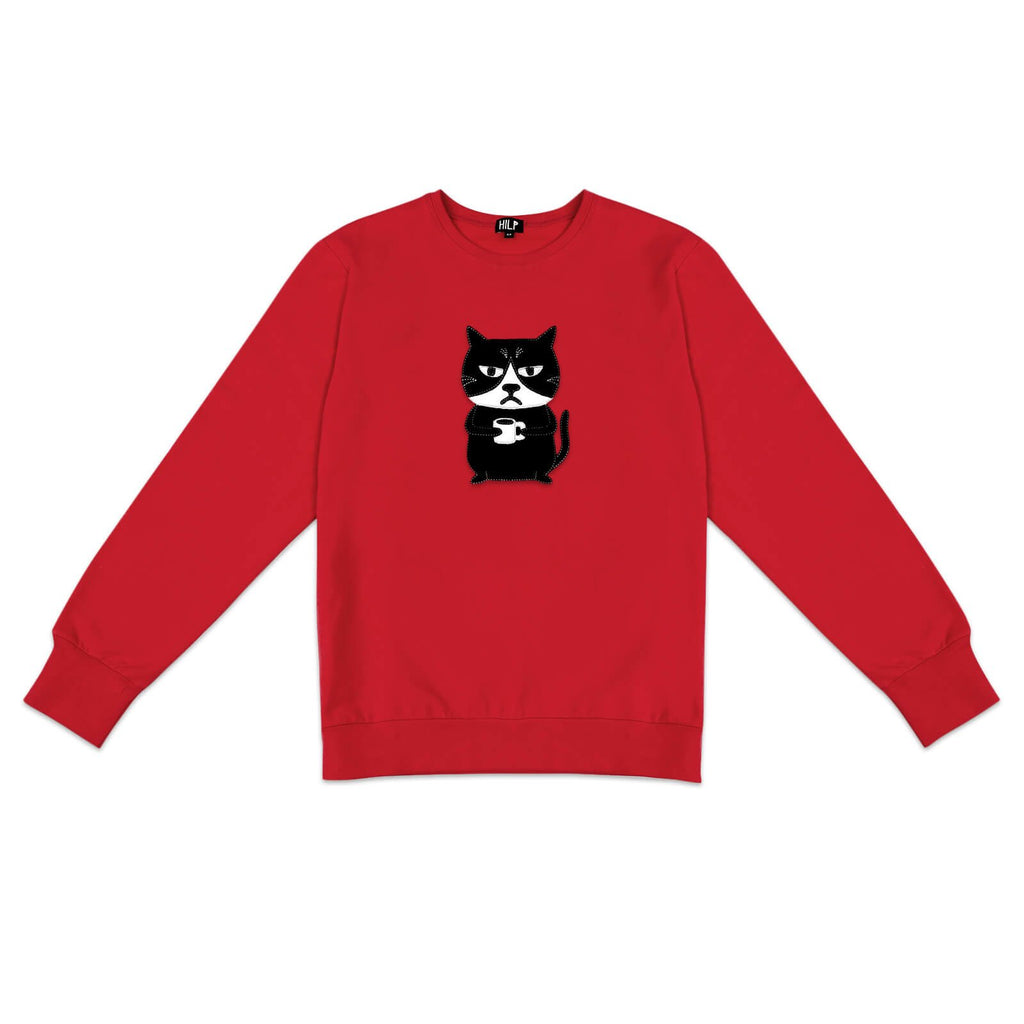 1. Men's red Grumpy Cat sweatshirt by HILP, featuring playful cat graphic, studio shot