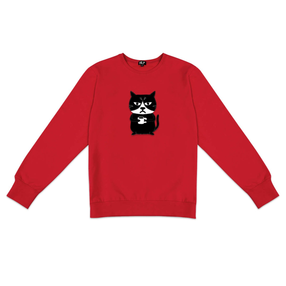 1. Men's red Grumpy Cat sweatshirt by HILP, featuring playful cat graphic, studio shot