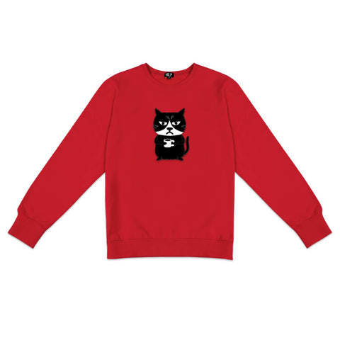 1. Men's red Grumpy Cat sweatshirt by HILP, featuring playful cat graphic, studio shot