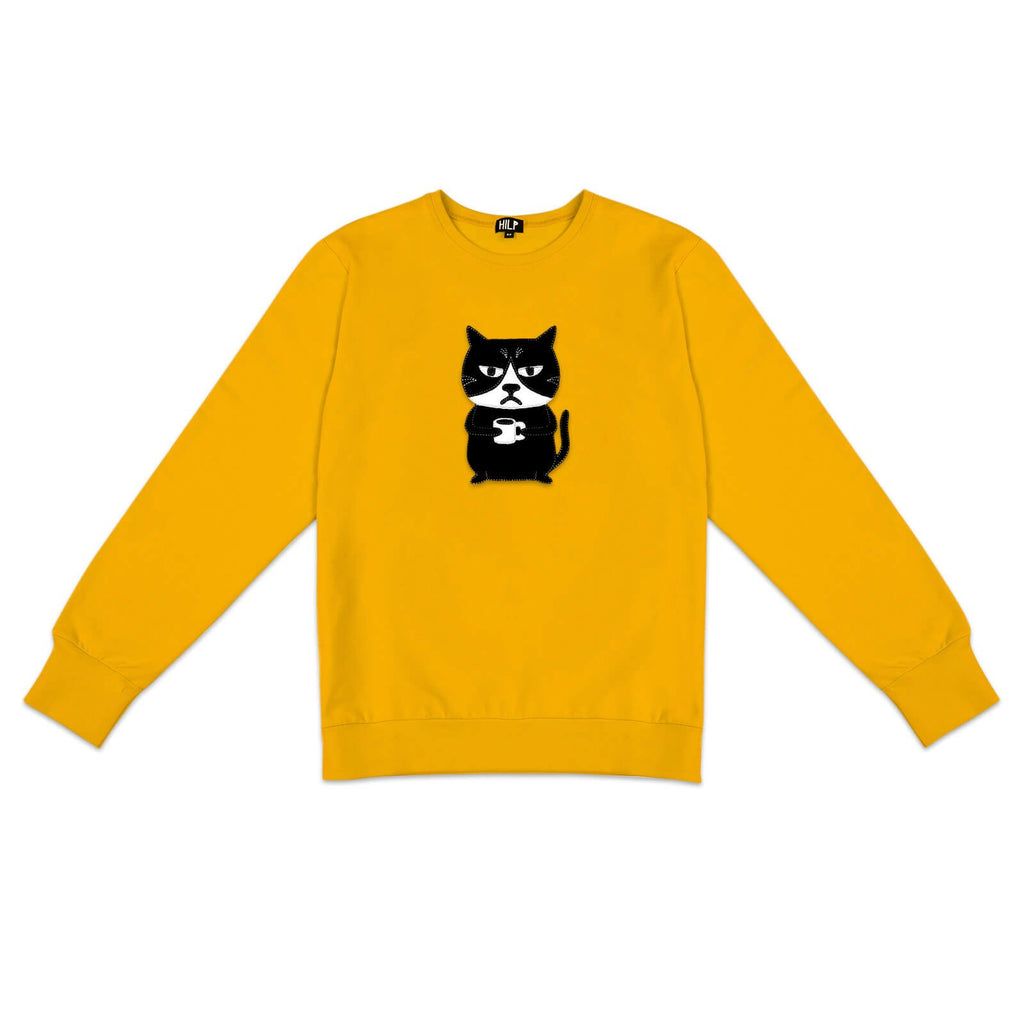 2. Men's yellow Grumpy Cat sweatshirt by HILP, showcasing humorous cat design, studio setting