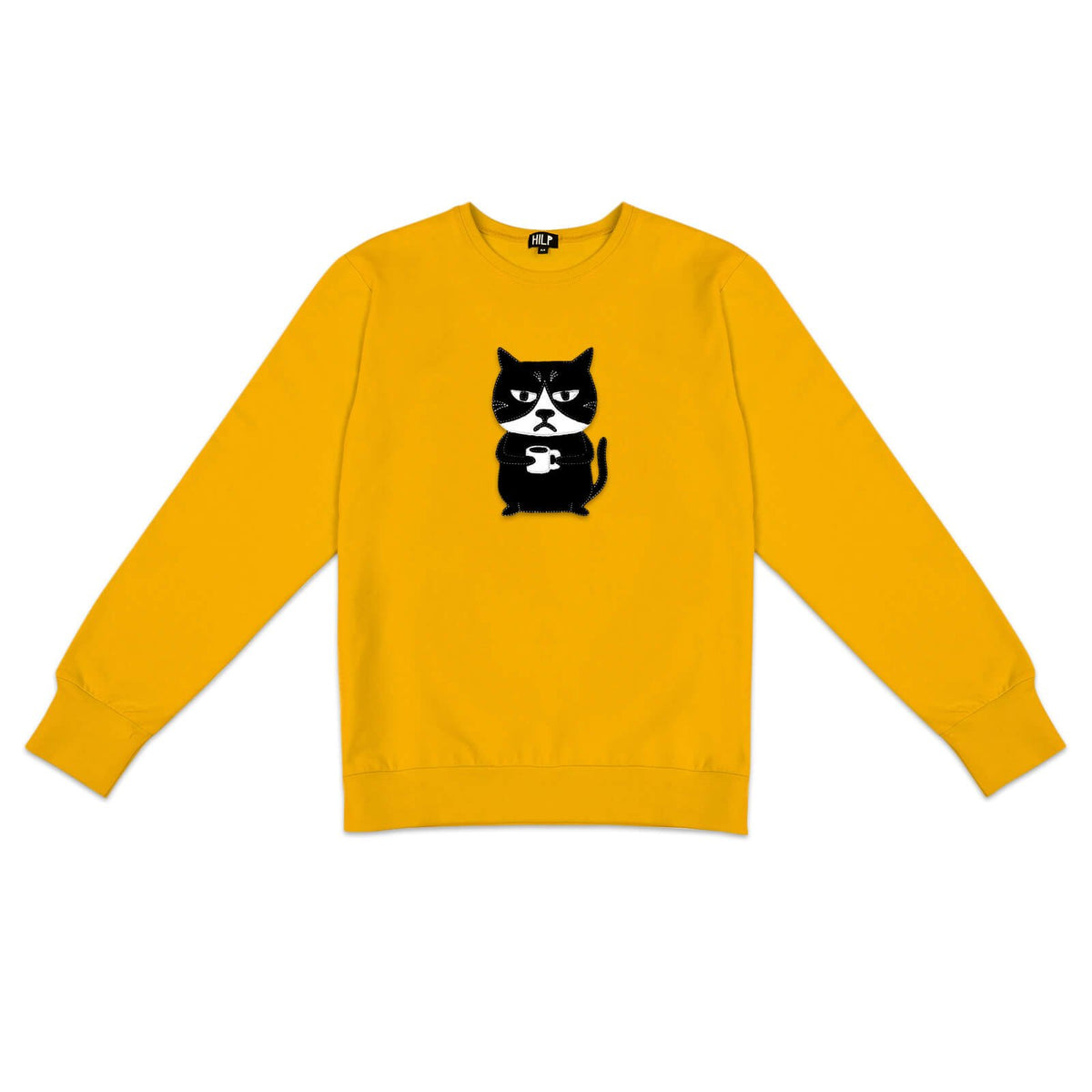 2. Men's yellow Grumpy Cat sweatshirt by HILP, showcasing humorous cat design, studio setting